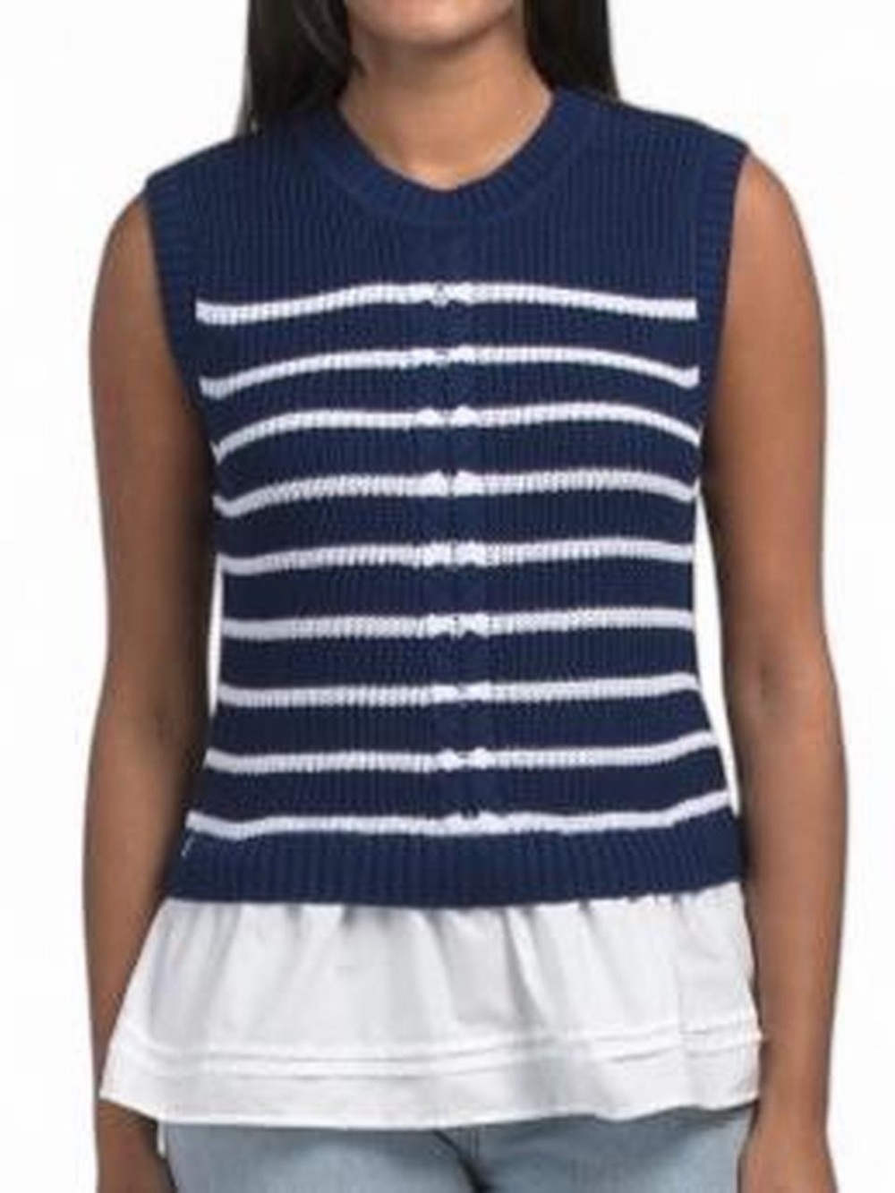 Striped Navy and White Sleeveless Knit Top